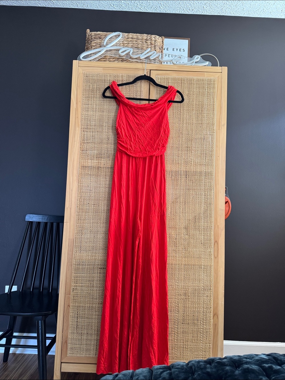 Women's Red Sleeveless Jumpsuit with Gathered Bodice